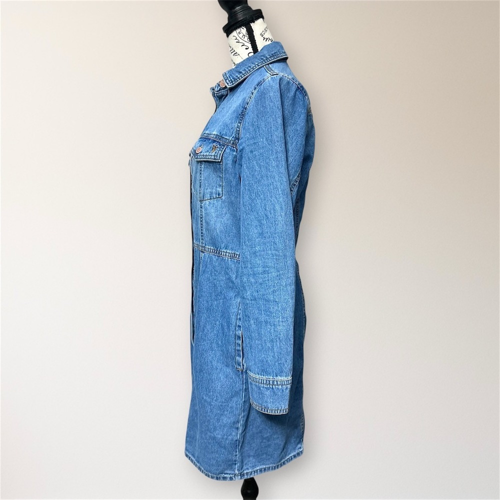 Frye Blue Denim Mini Shirt Dress Long Sleeve Pockets Button Front Western Boho S - Picture 5 of 10